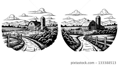 Traditional farm scene in a round emblem showcasing a barn, silo, and cultivated fields Traditional farm scene in a round emblem showcasing a barn, silo, and cultivated fields 133388513