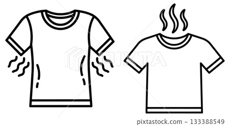 Two line art T shirts representing sweat and steam, indicating either exertion or freshness from laundry 133388549