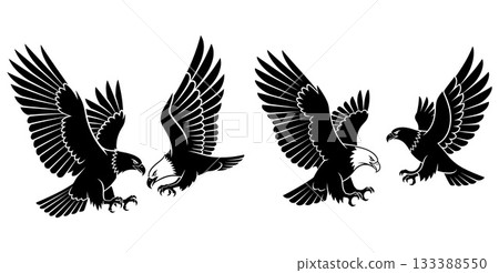 Two majestic eagles in dynamic flight positions with wings spread wide for a powerful display 133388550