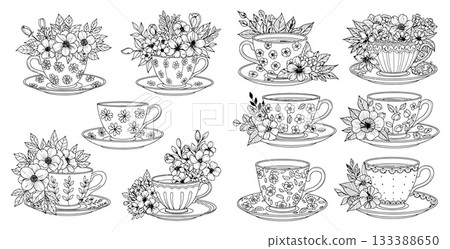 A charming collection of teacups adorned with lush flower arrangements and delicate botanical patterns 133388650
