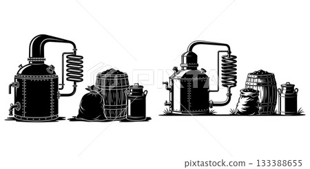 Alcohol distillery equipment with traditional still, condenser, barrels, sacks, and cans for spirit production Alcohol distillery equipment with traditional still, condenser, barrels, sacks, and cans for spirit production 133388655