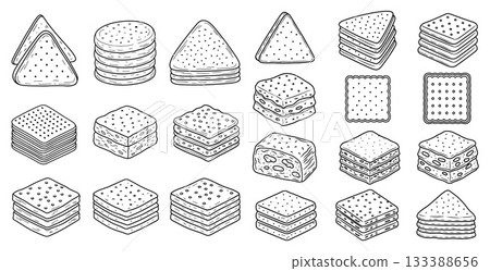 An assortment of line art crackers and biscuits in various shapes and stacks, perfect for snack illustrations 133388656