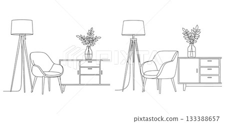 An elegant interior scene with a comfortable armchair, tall floor lamp, and a sideboard holding a vase 133388657