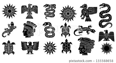 Ancient Mesoamerican symbols featuring suns, eagles, serpents, and human profiles in tribal style 133388658