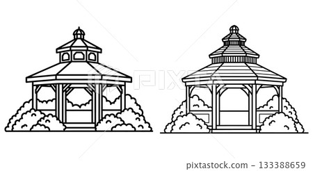 Architectural outline drawing of two distinct garden gazebos surrounded by lush decorative bushes for outdoor scenes 133388659