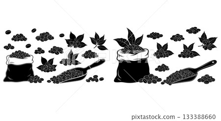 Assorted black silhouettes of roasted coffee beans, plant leaves, burlap bags, and serving scoops 133388660