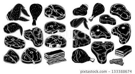 Assortment of different raw meat cuts including beef steak, pork chops, and various chicken pieces for culinary design projects 133388674