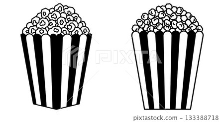 Classic striped popcorn boxes filled with fluffy kernels, ready for a movie night or special cinematic event 133388718