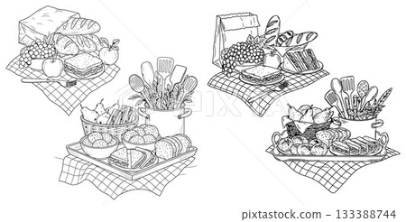 Collection of rustic picnic food items and kitchen utensils arranged on a checkered cloth in a charming outline style Collection of rustic picnic food items and kitchen utensils arranged on a checkered cloth in a charming outline style 133388744