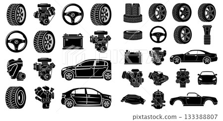 Comprehensive collection of automobile vehicles and essential car parts, featuring engines, tires, and steering wheels for automotive themes 133388807