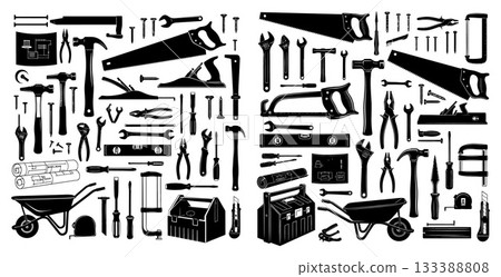 Comprehensive collection of carpentry and construction tools for home renovation and professional trades 133388808