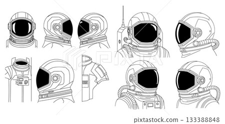 Detailed line art collection of astronaut helmets and space suit parts, depicting exploration and future concepts 133388848