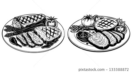 Detailed vintage engraving of a delicious grilled steak dinner with asparagus and fresh tomatoes served on a plate 133388872