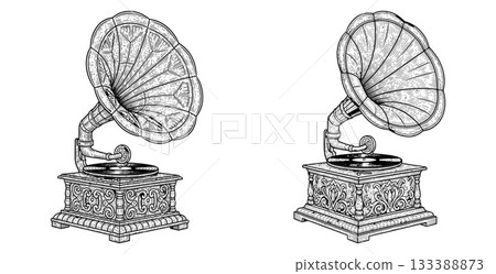 Detailed vintage gramophone illustration with an ornate wooden base and classic sound horn playing music 133388873