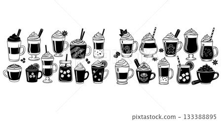 Diverse vector collection of various hot and cold coffee drinks served in different cups with toppings 133388895