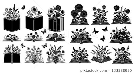 Enchanting silhouettes of blooming flowers and flying butterflies emerging from open books 133388950