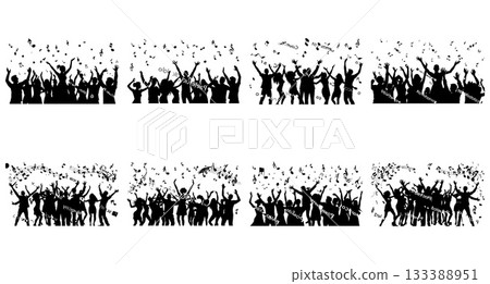 Energetic crowd silhouettes dance with musical notes and falling confetti creating a festive party atmosphere 133388951