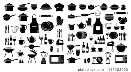 Extensive collection of kitchen utensils, cookware, and appliances in silhouette form for cooking and dining themes 133388960