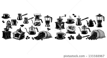 Extensive vector collection showcasing a wide range of coffee brewing equipment including grinders, brewers, and cups 133388967