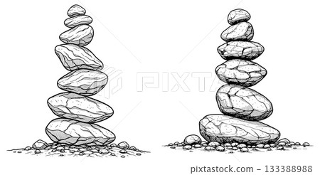 Hand drawn illustration of two balanced rock stacks or cairns with natural textures for stability concepts Hand drawn illustration of two balanced rock stacks or cairns with natural textures for stability concepts 133388988