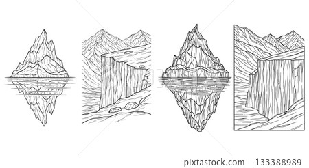 Hand drawn line art illustrations of majestic mountains and floating icebergs with clear water reflections 133388989