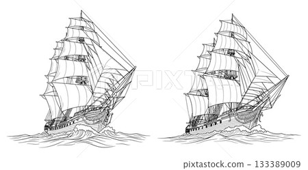 Intricate line illustration depicting two majestic historical sailing ships with full rigging on ocean waves 133389009