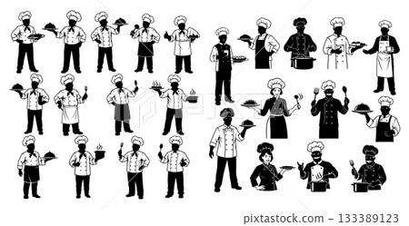 Professional chef characters in various cooking poses holding kitchen utensils and prepared food dishes 133389123
