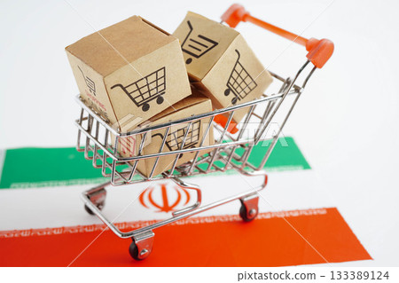 Online shopping, Shopping cart box on Iran flag, import export, finance commerce. Online shopping, Shopping cart box on Iran flag, import export, finance commerce. 133389124