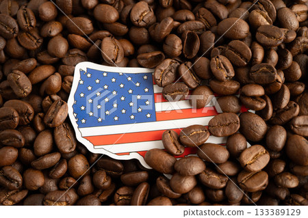 US America flag on coffee beans, shopping online for export or import food product. 133389129