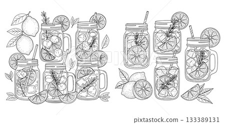 Refreshing line art collection of mason jars filled with iced lemon drinks and fresh citrus fruits 133389131