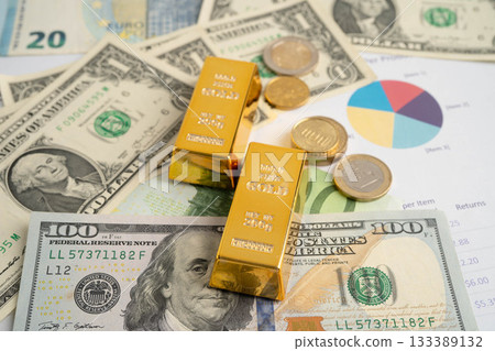 Gold bars with US dollar and Euro banknote money, finance trading investment business currency. 133389132