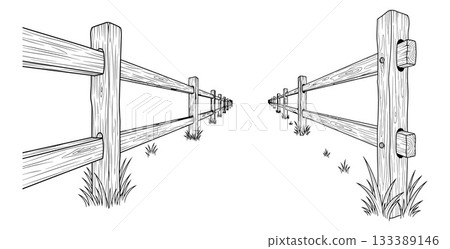 Rustic wooden split rail fence receding into the distance with grass in a simple line art drawing 133389146
