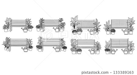 Set of outdoor seating arrangements with lush greenery, benches, and watering cans for natural garden designs Set of outdoor seating arrangements with lush greenery, benches, and watering cans for natural garden designs 133389163