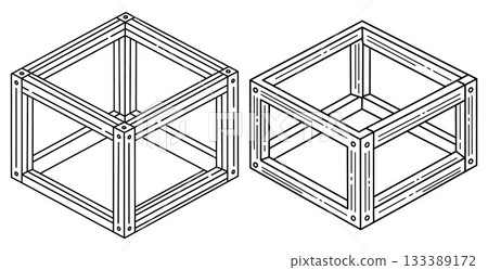 Simple isometric line art illustration of an open cube framework constructed with bolted beams Simple isometric line art illustration of an open cube framework constructed with bolted beams 133389172