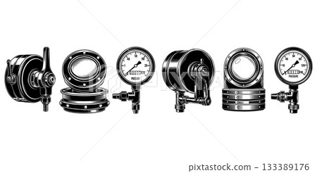 Vintage industrial mechanical instruments featuring pressure gauges and hose reels in an engraved style set Vintage industrial mechanical instruments featuring pressure gauges and hose reels in an engraved style set 133389176