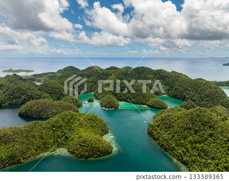 Scenic seascape with tropical islets and lagoons surrounded by coral reef. Siargao, Philippines. Sugba Blue Lagoon. 133389365