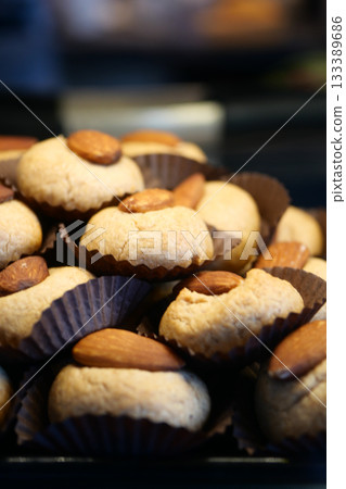 Delicious almond cookies served at a bakery 133389686