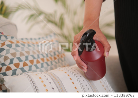 Cleaning fabric with spray bottle in cozy living room Cleaning fabric with spray bottle in cozy living room 133389762