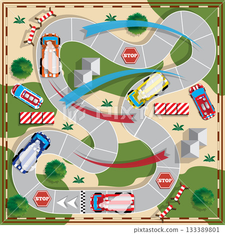 Race on trucks. Board game. View from above. Vector illustration. 133389801