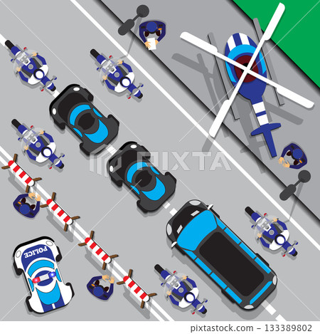 The motorcade escorted by police. View from above. Vector illustration.  133389802