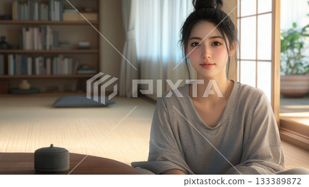 一位女士在日式房間放鬆休息 一位女士在日式房間放鬆休息 133389872
