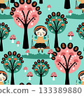 A bright seamless kids pattern featuring a girl on a swing, decorative trees, and mushrooms on a mint background. Ideal for textiles, wallpapers, and childrens products 133389880