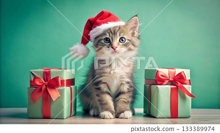 A cute cat wearing a Santa hat sits next to a gift box Background A cute cat wearing a Santa hat sits next to a gift box Background 133389974