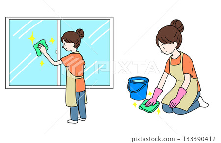 Illustration of a woman/housewife wiping windows and cleaning floors Illustration of a woman/housewife wiping windows and cleaning floors 133390412