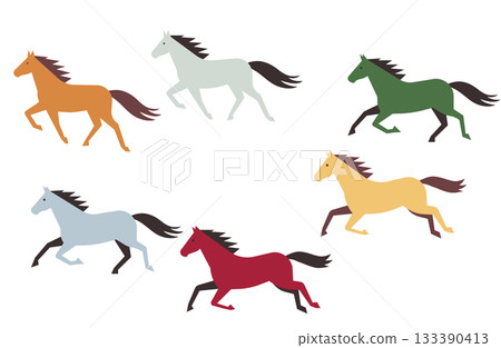 一組以日式色彩繪製的馬匹圖案，可用於新年賀卡設計。 133390413