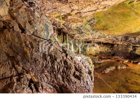 St. Beatus Caves with stalactites and stalagmites below Beatenberg near Interlaken in Bern canton in Switzerland St. Beatus Caves with stalactites and stalagmites below Beatenberg near Interlaken in Bern canton in Switzerland 133390434