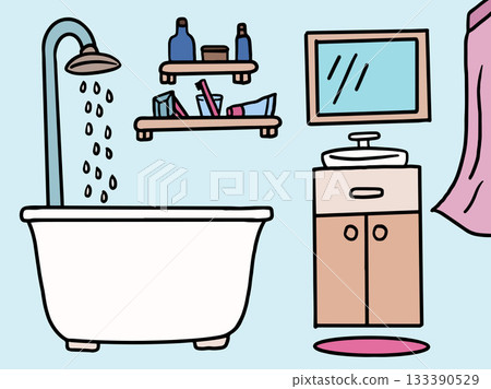 Cute hand drawn vector illustrations of bathroom with bathtub, shower, cabinet, sink, mirror, toothbrush and toothpaste, bottles of shampoo and soap, mat for house, interior, room, home, background Cute hand drawn vector illustrations of bathroom with bathtub, shower, cabinet, sink, mirror, toothbrush and toothpaste, bottles of shampoo and soap, mat for house, interior, room, home, background 133390529