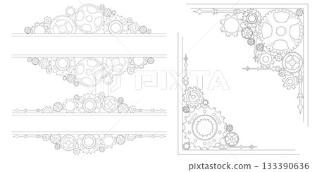 Colorful hand-drawn doodle cogwheels forming a gear mechanism in a corner, border, and frame style, conveying teamwork and business progress. Colorful hand-drawn doodle cogwheels forming a gear mechanism in a corner, border, and frame style, conveying teamwork and business progress. 133390636