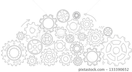 Hand drawn gear cogwheel arch. Doodle sketch style color gear mechanism. Concept of business idea, teamwork, progress background. Doodle cog Hand drawn gear cogwheel arch. Doodle sketch style color gear mechanism. Concept of business idea, teamwork, progress background. Doodle cog 133390652