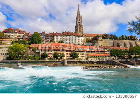 View of the old town of Bern with cathedral and dam on the Aare river, Switzerland 133390657